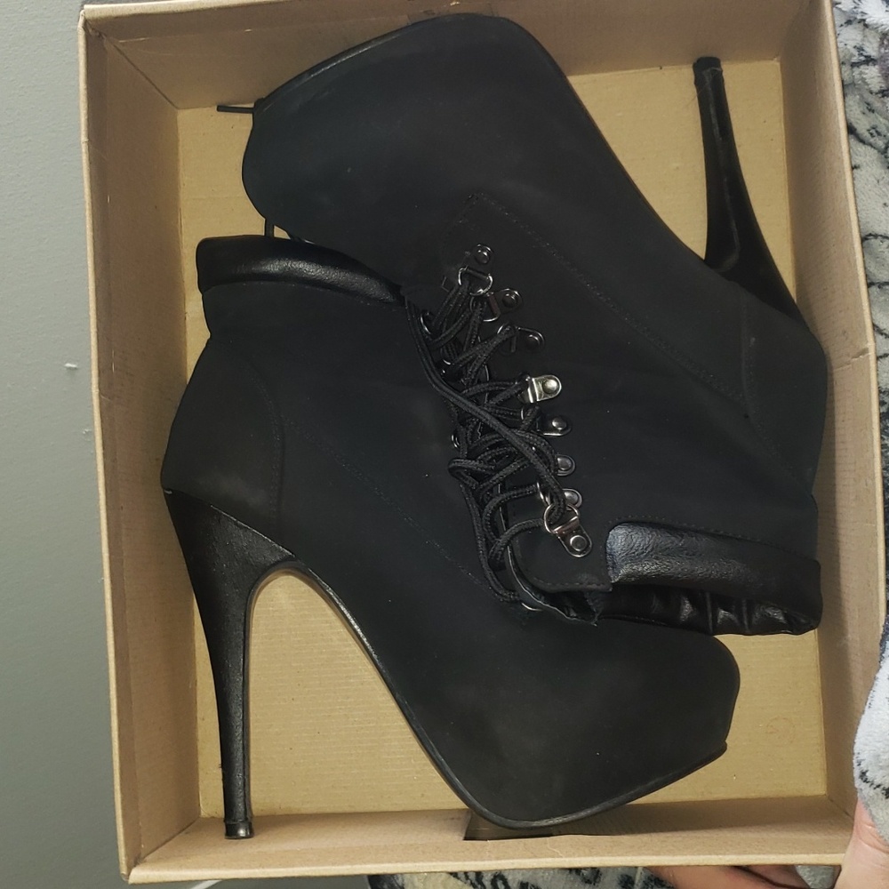 Dark black suede heel booties